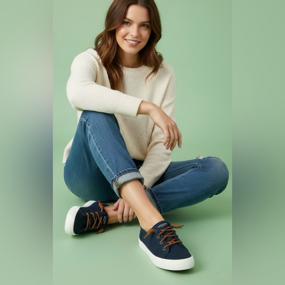 Sperry women’s Navy Canvas Boat Shoes with Brown Laces size 7.5